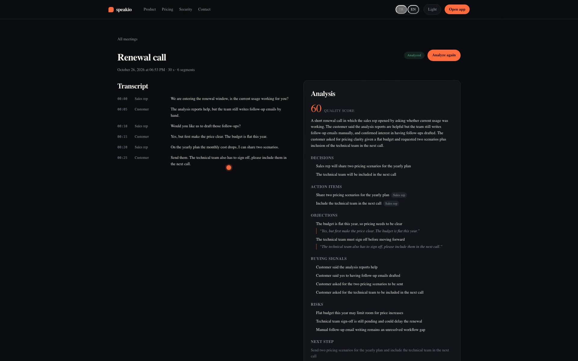 Speakio dashboard: meeting list, quality scores and monthly meeting quota