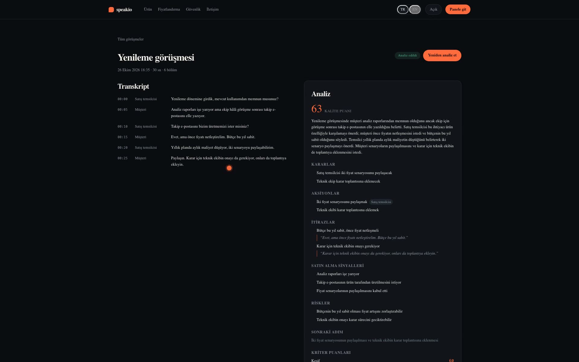 Speakio paneli: görüşme listesi, kalite puanları ve aylık toplantı kotası